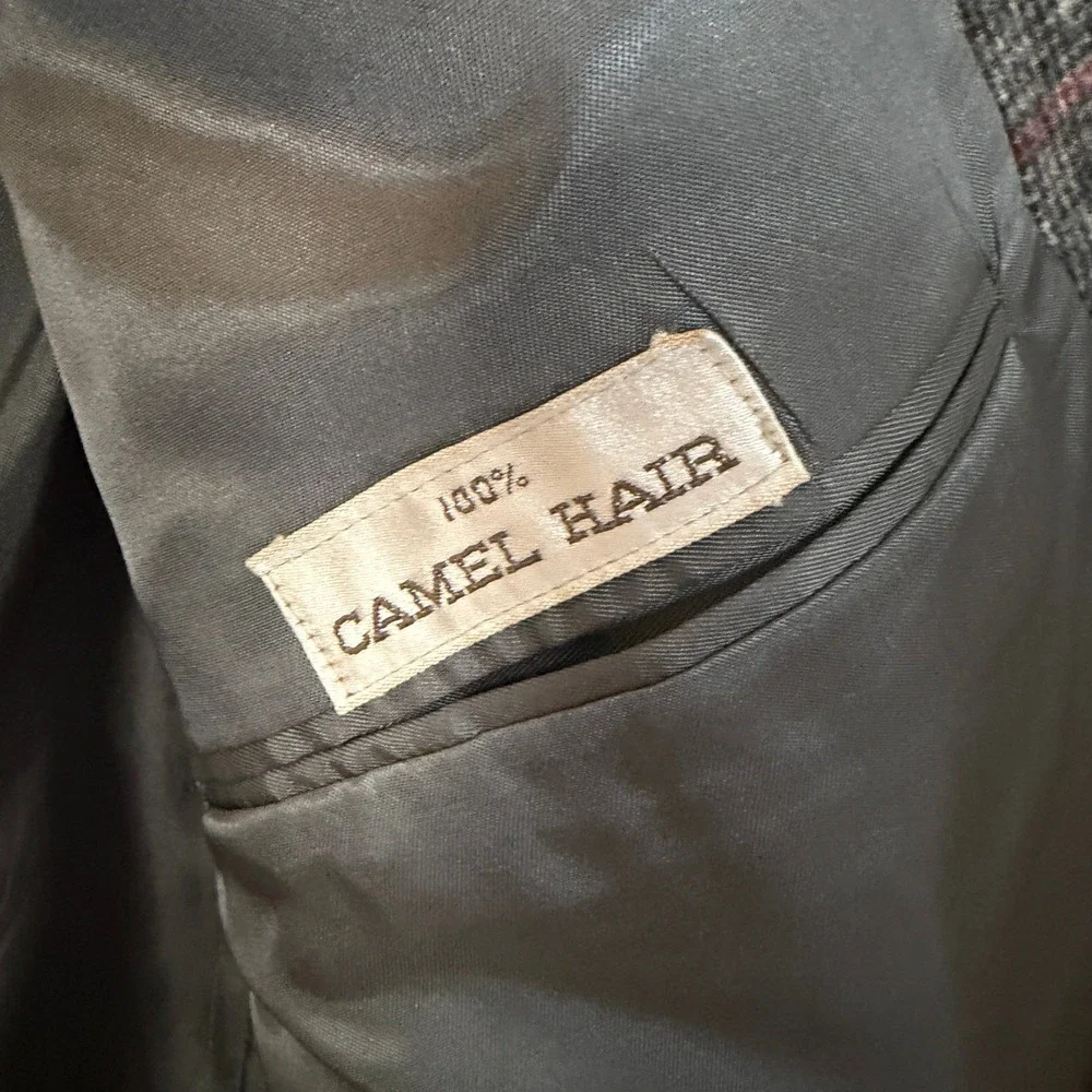 David Wood Blazer Mens XL Grey Glen Plaid Excellent 100% Camel Hair Sport Coat